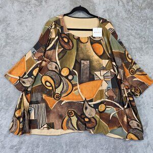 3 Potato Tunic Top Womens Medium Large Brown Abstract Art Print Viscose Boho M/L